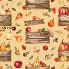 autumn harvest, fall, cream background, rust orange, deep red, golden yellow, warm neutral, farmhouse, rustic, vintage, watercolor, pumpkins, apples, pears, gourds, wooden crates, leaves, botanical, nature, harvest theme, thanksgiving, seasonal, whimsical, country style, orchard, fruit harvest, hand-painted style, cozy, warm tones