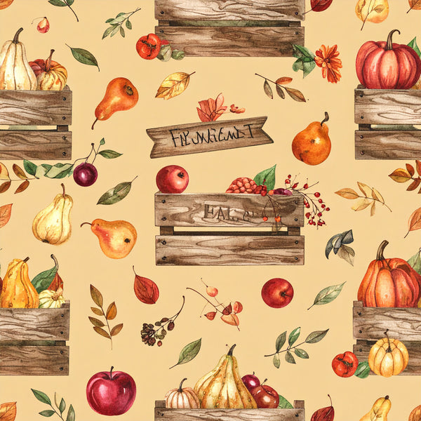 autumn harvest, fall, cream background, rust orange, deep red, golden yellow, warm neutral, farmhouse, rustic, vintage, watercolor, pumpkins, apples, pears, gourds, wooden crates, leaves, botanical, nature, harvest theme, thanksgiving, seasonal, whimsical, country style, orchard, fruit harvest, hand-painted style, cozy, warm tones