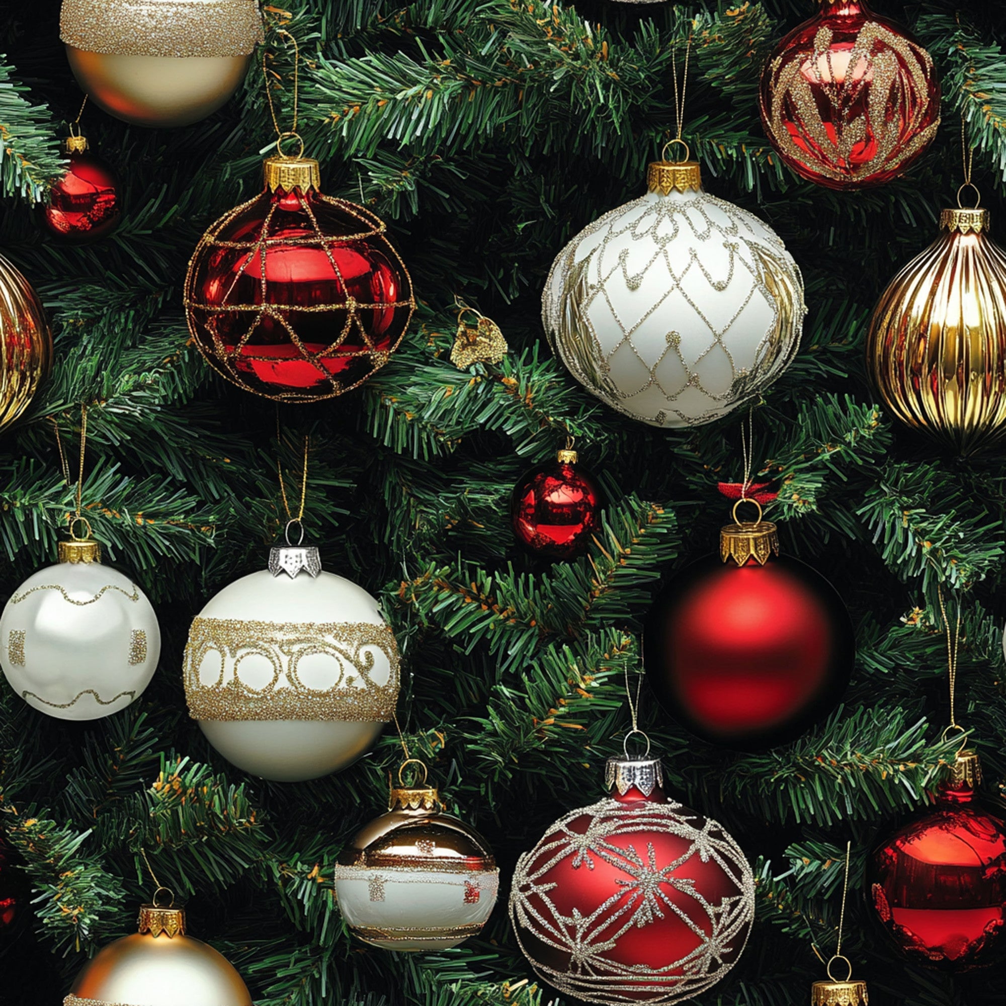 christmas ornaments, red baubles, gold ornaments, white ornaments, evergreen branches, pine needles, festive decorations, holiday pattern,, fabric panel, geometric designs, metallic accents, ball ornaments, christmas tree branches, seasonal motif, winter theme, decorative baubles, ornate patterns, holiday crafting, realistic style