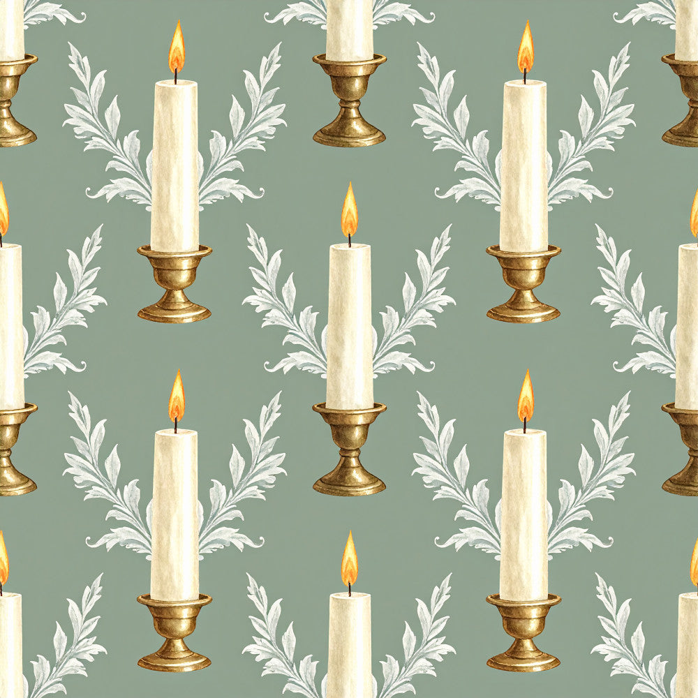 sage green, cream, gold, candlelight, elegant, vintage, traditional, candles, botanical, leaf motifs, scrollwork, ornamental, formal, decorative, classical, symmetrical, timeless, sophisticated, home decor, interior design, wallpaper-inspired, damask-style, luxury, refined, muted tones, nature-inspired, acanthus leaves, pillar candles