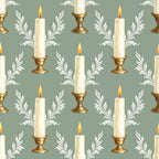 sage green, cream, gold, candlelight, elegant, vintage, traditional, candles, botanical, leaf motifs, scrollwork, ornamental, formal, decorative, classical, symmetrical, timeless, sophisticated, home decor, interior design, wallpaper-inspired, damask-style, luxury, refined, muted tones, nature-inspired, acanthus leaves, pillar candles