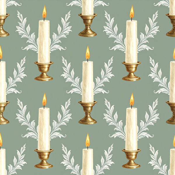 sage green, cream, gold, candlelight, elegant, vintage, traditional, candles, botanical, leaf motifs, scrollwork, ornamental, formal, decorative, classical, symmetrical, timeless, sophisticated, home decor, interior design, wallpaper-inspired, damask-style, luxury, refined, muted tones, nature-inspired, acanthus leaves, pillar candles