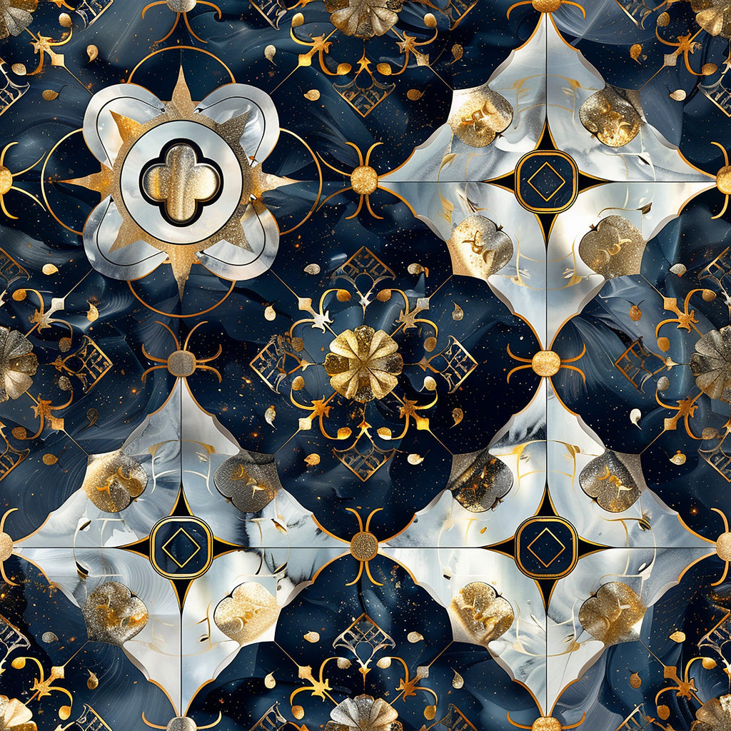 navy blue, gold, white, baroque pattern, celestial design, ornate motifs, decorative flourishes, geometric shapes, star patterns,, fabric panel, luxurious style, metallic accents, repeating pattern, ornamental design, regal aesthetic, cosmic theme, intricate details, elegant motifs