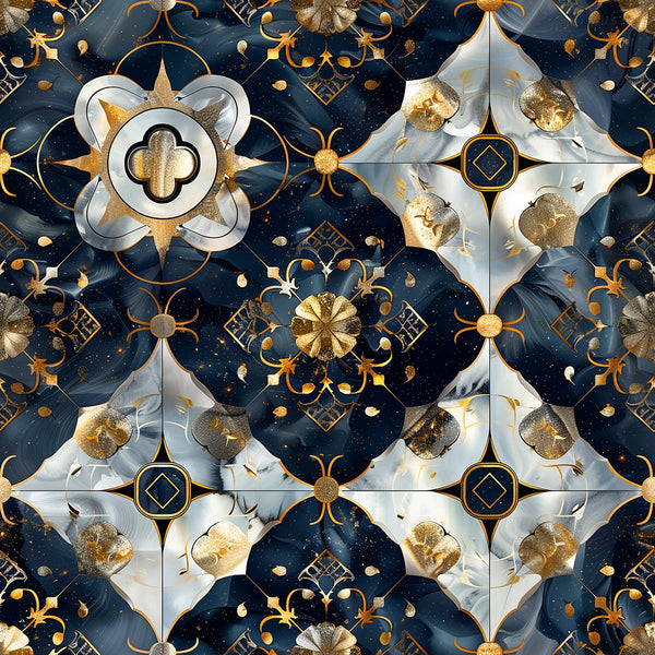 navy blue, gold, white, baroque pattern, celestial design, ornate motifs, decorative flourishes, geometric shapes, star patterns,, fabric panel, luxurious style, metallic accents, repeating pattern, ornamental design, regal aesthetic, cosmic theme, intricate details, elegant motifs