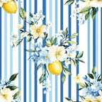 lemon yellow, blue stripes, white flowers, watercolor style, botanical floral, shabby chic,, fabric panel, cottage core, vintage inspired, pastel blue, cream petals, green leaves, citrus fruit, delicate blooms, soft feminine, spring themed, romantic pattern, vertical stripes, floral bouquet