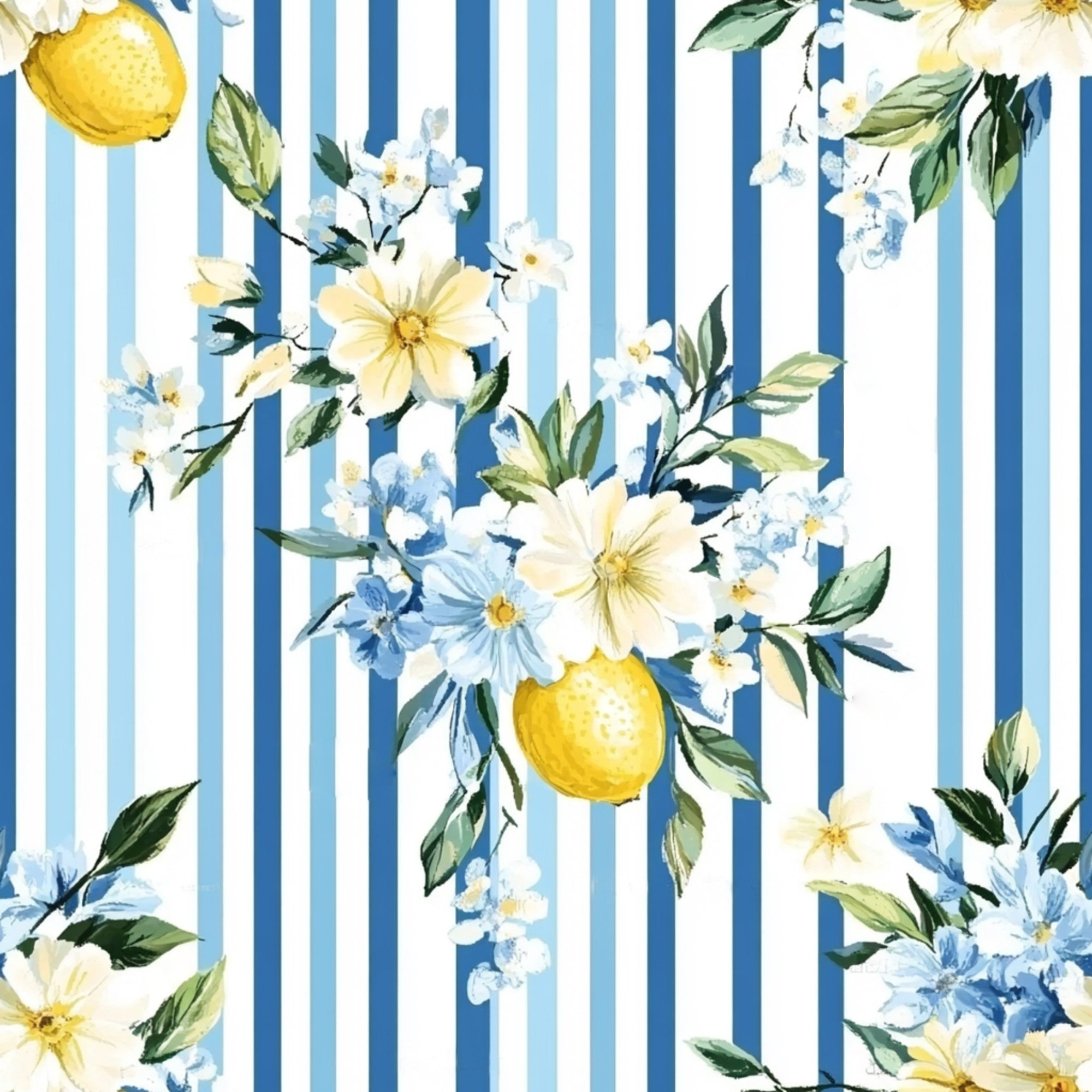 lemon yellow, blue stripes, white flowers, watercolor style, botanical floral, shabby chic, quilting cotton, fabric panel, cottage core, vintage inspired, pastel blue, cream petals, green leaves, citrus fruit, delicate blooms, soft feminine, spring themed, romantic pattern, vertical stripes, floral bouquet