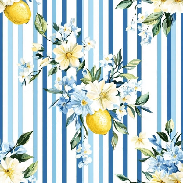 lemon yellow, blue stripes, white flowers, watercolor style, botanical floral, shabby chic,, fabric panel, cottage core, vintage inspired, pastel blue, cream petals, green leaves, citrus fruit, delicate blooms, soft feminine, spring themed, romantic pattern, vertical stripes, floral bouquet
