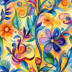 orange, yellow, blue, purple, green, pink, abstract floral, swirls, spirals, decorative flowers, whimsical blooms, flowing vines, curving stems, vibrant colors, watercolor style, artistic pattern,, fabric panel, contemporary art, playful design, botanical motifs