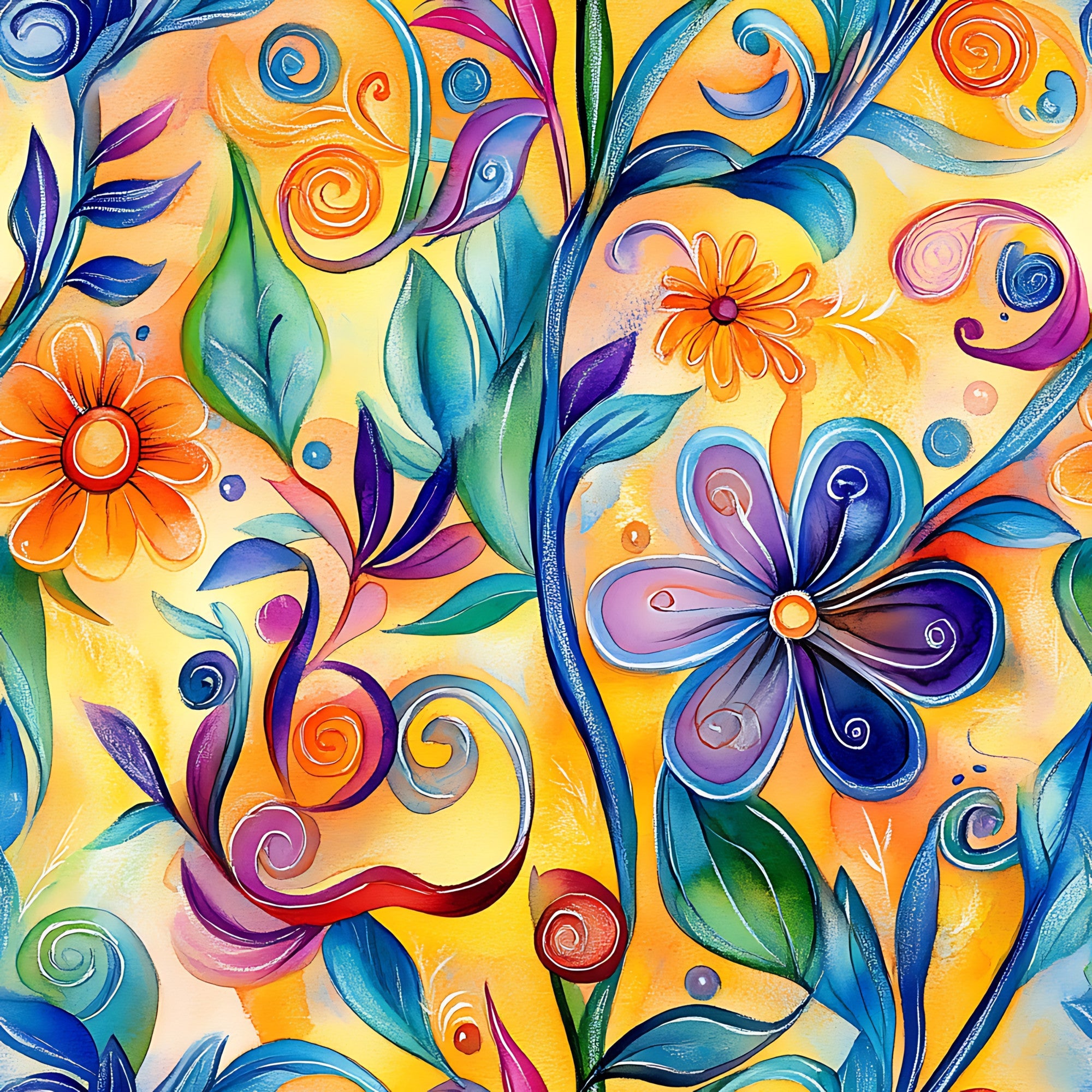 orange, yellow, blue, purple, green, pink, abstract floral, swirls, spirals, decorative flowers, whimsical blooms, flowing vines, curving stems, vibrant colors, watercolor style, artistic pattern,, fabric panel, contemporary art, playful design, botanical motifs