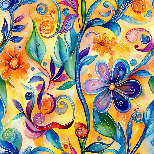 orange, yellow, blue, purple, green, pink, abstract floral, swirls, spirals, decorative flowers, whimsical blooms, flowing vines, curving stems, vibrant colors, watercolor style, artistic pattern,, fabric panel, contemporary art, playful design, botanical motifs