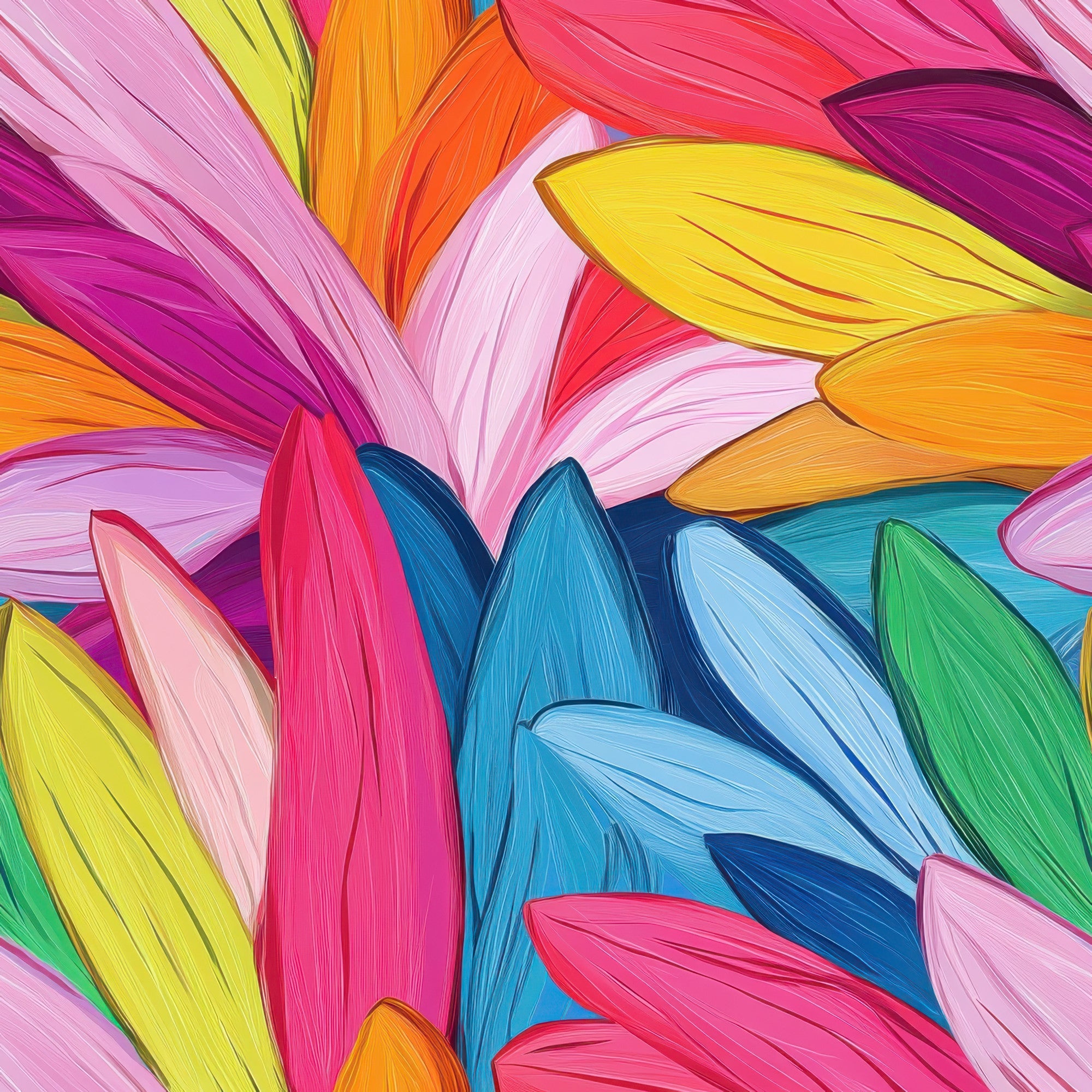 vibrant petals, tropical leaves, botanical design, bright pink, electric blue, sunshine yellow, coral orange, lime green, magenta, turquoise, flowing brushstrokes, organic shapes, floral motif, contemporary art style,, fabric panel, summer vibes, nature inspired, painterly effect, colorful foliage