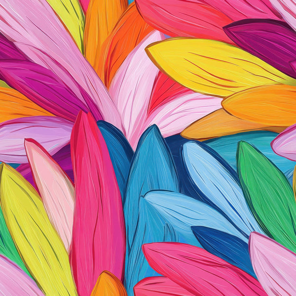 vibrant petals, tropical leaves, botanical design, bright pink, electric blue, sunshine yellow, coral orange, lime green, magenta, turquoise, flowing brushstrokes, organic shapes, floral motif, contemporary art style,, fabric panel, summer vibes, nature inspired, painterly effect, colorful foliage