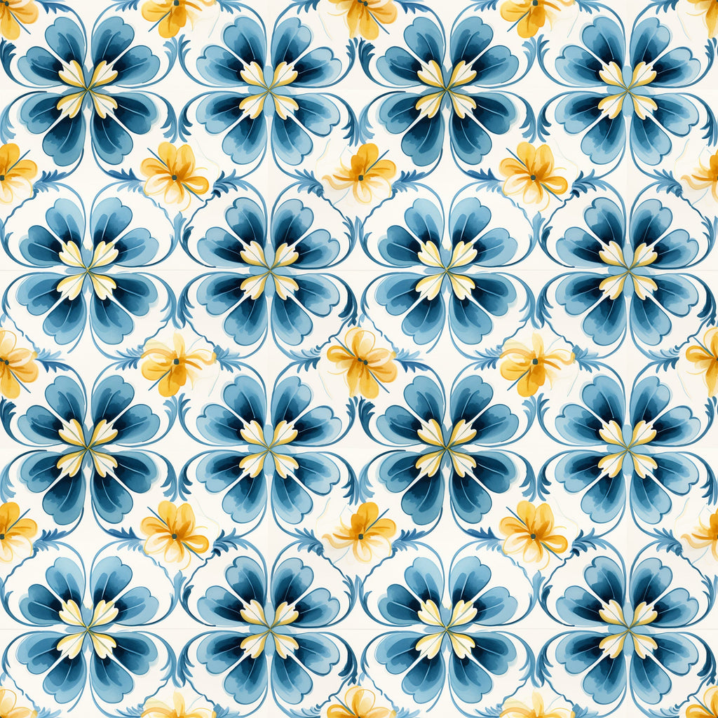 blue, yellow, white, floral motifs, hand painted tiles, mediterranean style, decorative flowers, geometric pattern, repeating design, watercolor effect,, fabric panel, botanical elements, tile inspired, azure blue, golden yellow, ornamental pattern, seamless repeat, artistic florals, crafting fabric