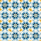 blue, yellow, white, floral motifs, hand painted tiles, mediterranean style, decorative flowers, geometric pattern, repeating design, watercolor effect,, fabric panel, botanical elements, tile inspired, azure blue, golden yellow, ornamental pattern, seamless repeat, artistic florals, crafting fabric