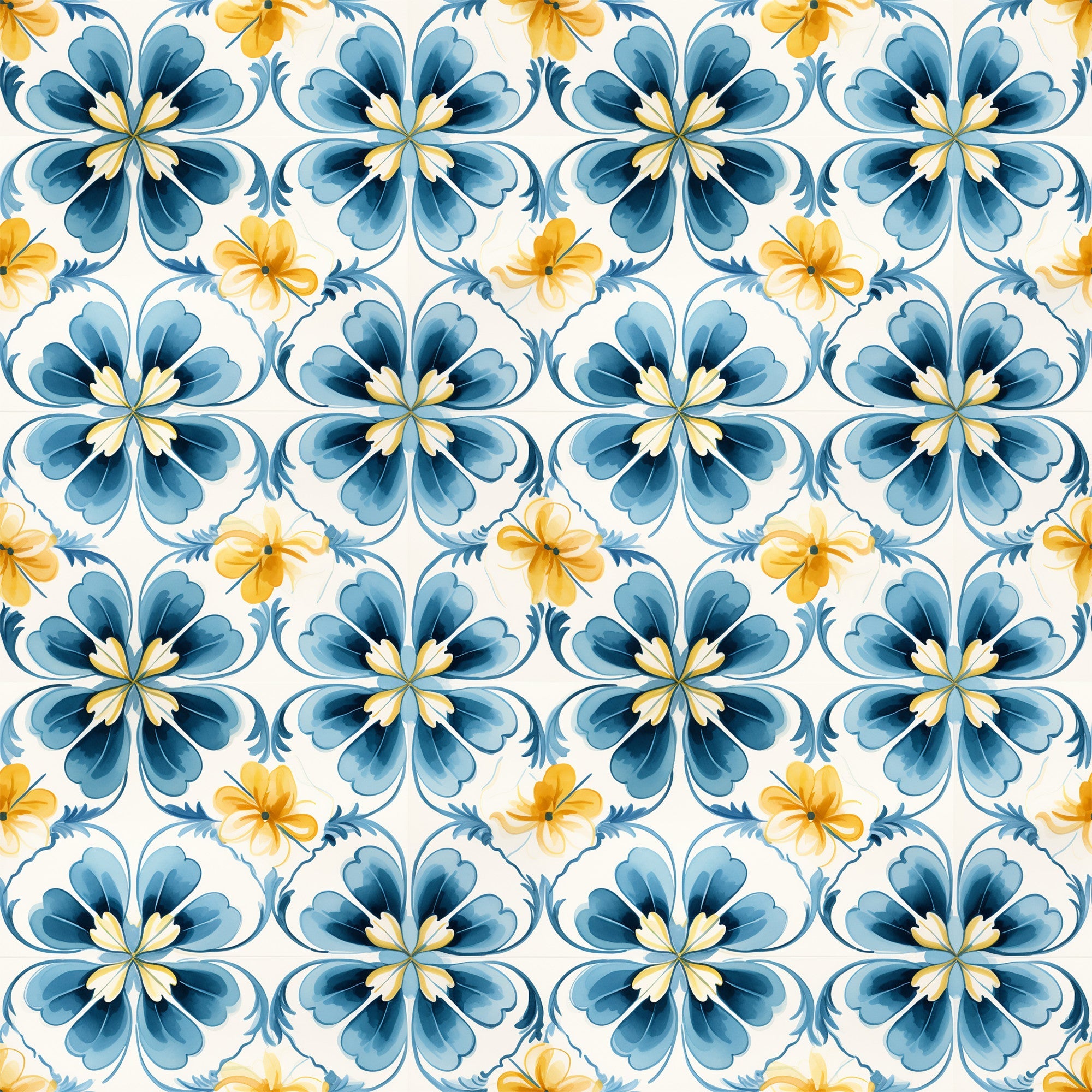 blue, yellow, white, floral motifs, hand painted tiles, mediterranean style, decorative flowers, geometric pattern, repeating design, watercolor effect,, fabric panel, botanical elements, tile inspired, azure blue, golden yellow, ornamental pattern, seamless repeat, artistic florals, crafting fabric