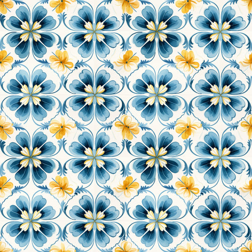 blue, yellow, white, floral motifs, hand painted tiles, mediterranean style, decorative flowers, geometric pattern, repeating design, watercolor effect,, fabric panel, botanical elements, tile inspired, azure blue, golden yellow, ornamental pattern, seamless repeat, artistic florals, crafting fabric