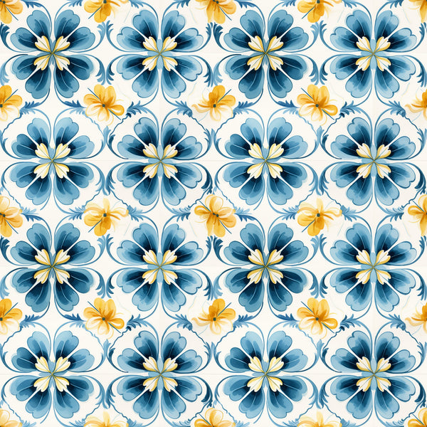 blue, yellow, white, floral motifs, hand painted tiles, mediterranean style, decorative flowers, geometric pattern, repeating design, watercolor effect,, fabric panel, botanical elements, tile inspired, azure blue, golden yellow, ornamental pattern, seamless repeat, artistic florals, crafting fabric