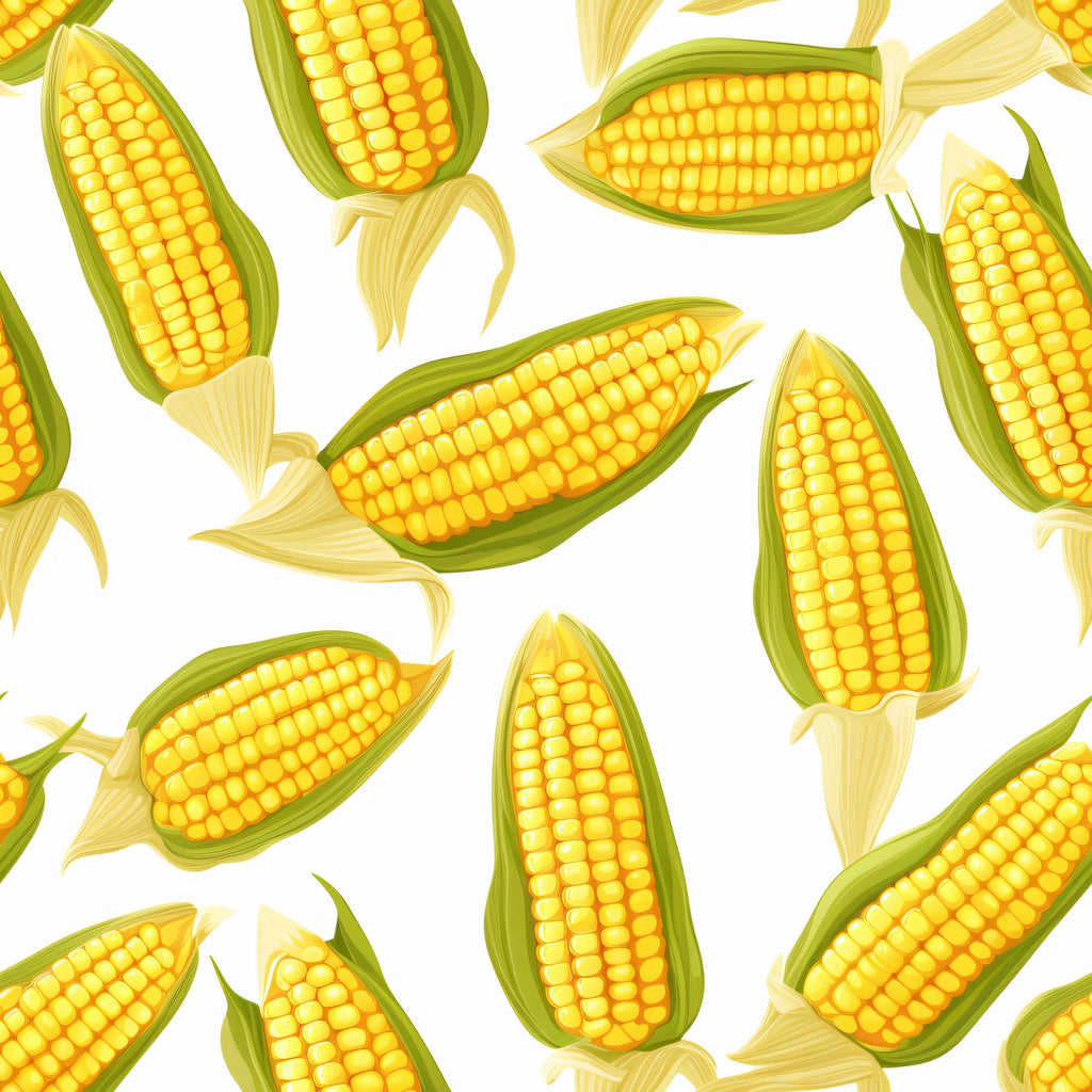 yellow, golden, green, white, corn pattern, vegetable design, seamless repeat, realistic illustration, farm fresh, harvest theme,, fabric panel, food motif, kernels, husks, agricultural, summer produce, garden vegetables, cooking theme, kitchen decor