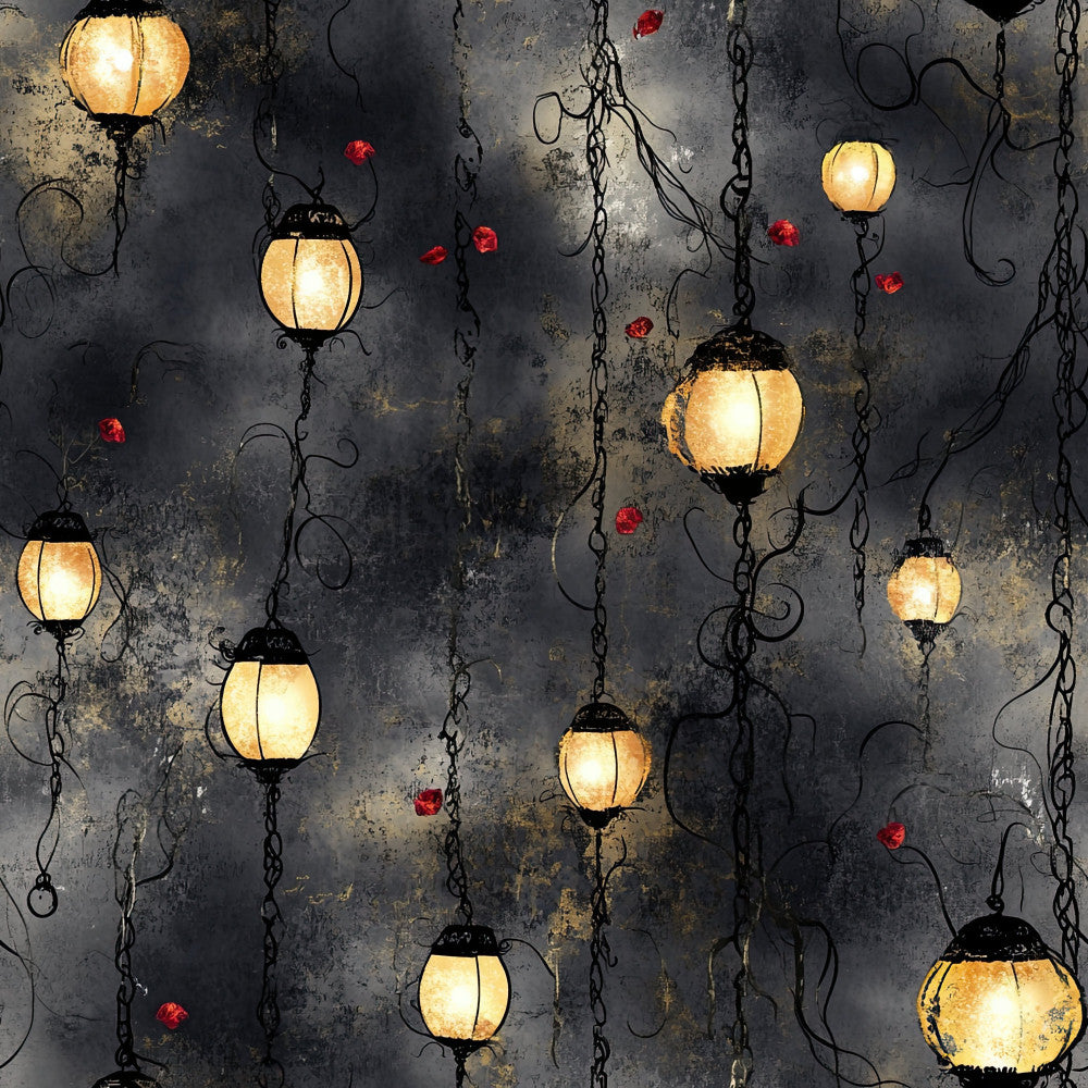 charcoal grey, gold accents, warm white, black chains, hanging lanterns, ornamental lights, vintage, industrial, steampunk, gothic, elegant, moody, celestial, mystical, decorative lighting, jewel tones, red accents, dark academia, halloween, fall decor, rustic glam, ornate, whimsical, home decor, throw blanket, ambient lighting theme, distressed texture, metallic gold