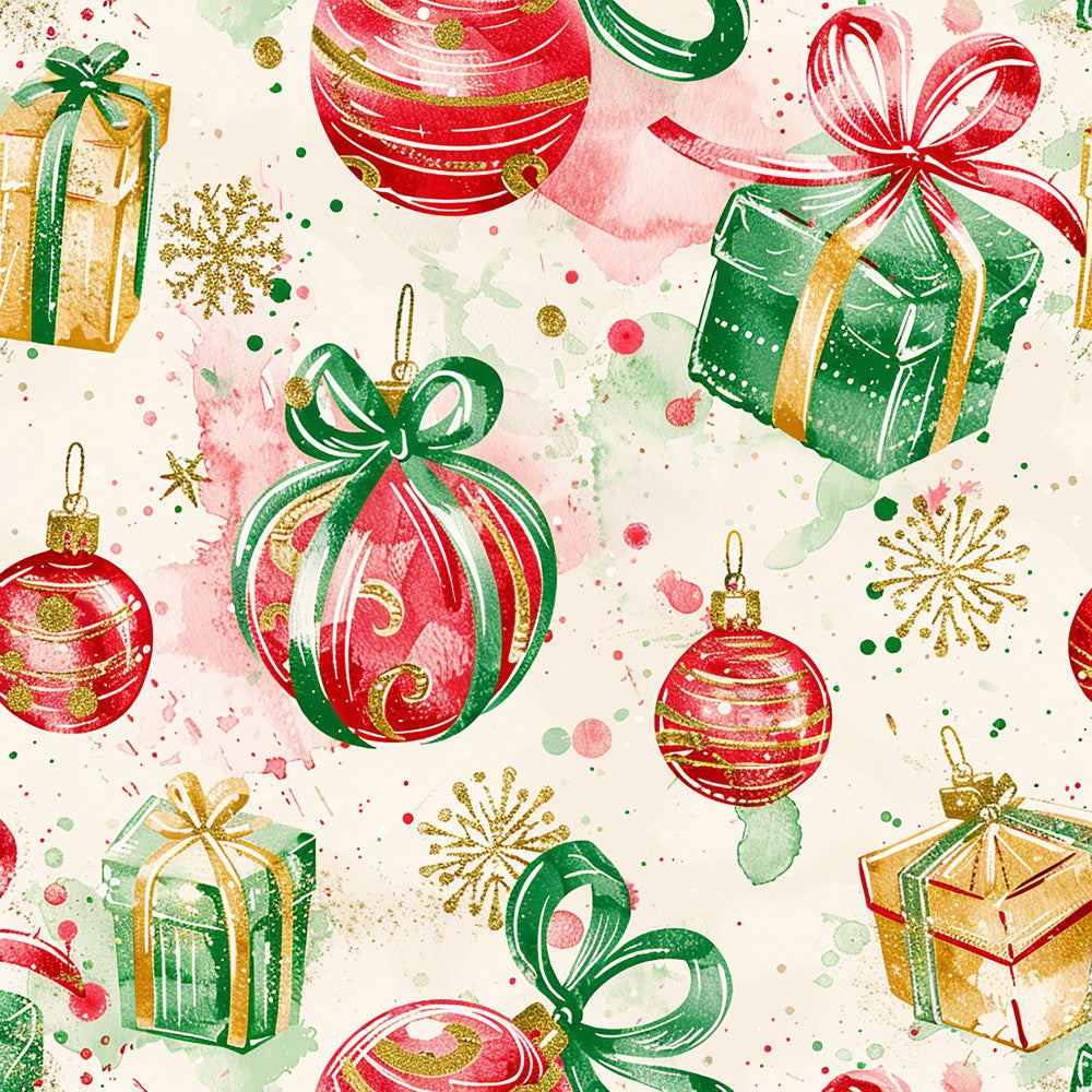 red, green, gold, cream, pink, forest green, crimson red, metalllic gold, christmas ornaments, gift boxes, bows, ribbons, snowflakes, holiday, festive, winter, christmas, elegant, whimsical, traditional, sparkly, striped ornaments, wrapped presents, seasonal, celebration, decorative, vintage christmas, classic holiday