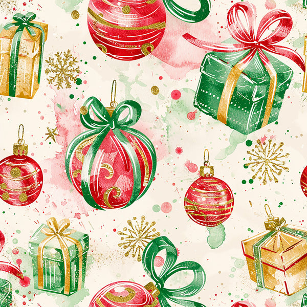 red, green, gold, cream, pink, forest green, crimson red, metalllic gold, christmas ornaments, gift boxes, bows, ribbons, snowflakes, holiday, festive, winter, christmas, elegant, whimsical, traditional, sparkly, striped ornaments, wrapped presents, seasonal, celebration, decorative, vintage christmas, classic holiday