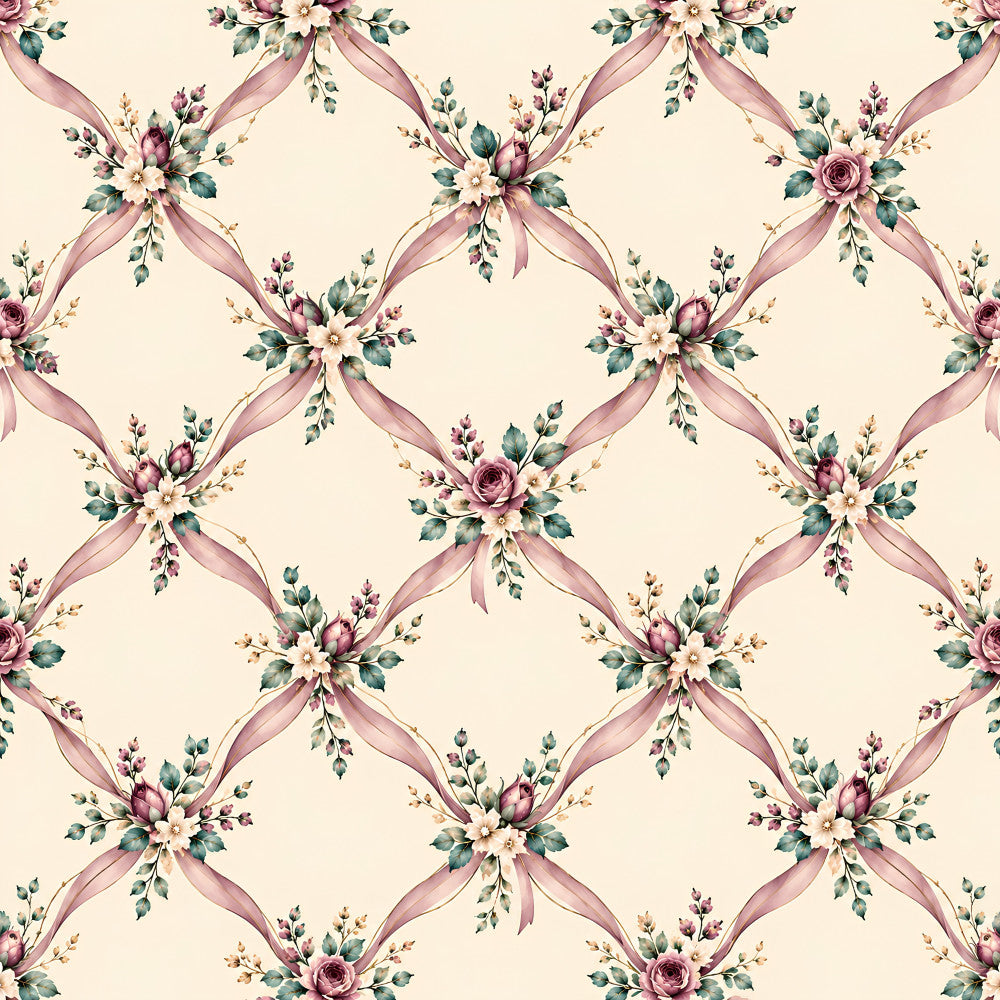 dusty rose, mauve, cream, ivory, blush pink, sage green, teal, soft pink, vintage floral, romantic floral, roses, ribbons, bows, elegant, traditional, classic, botanical, nature-inspired, spring, garden, vintage, antique, delicate, feminine, cottage core, shabby chic, baby girl, nursery, wedding, heirloom