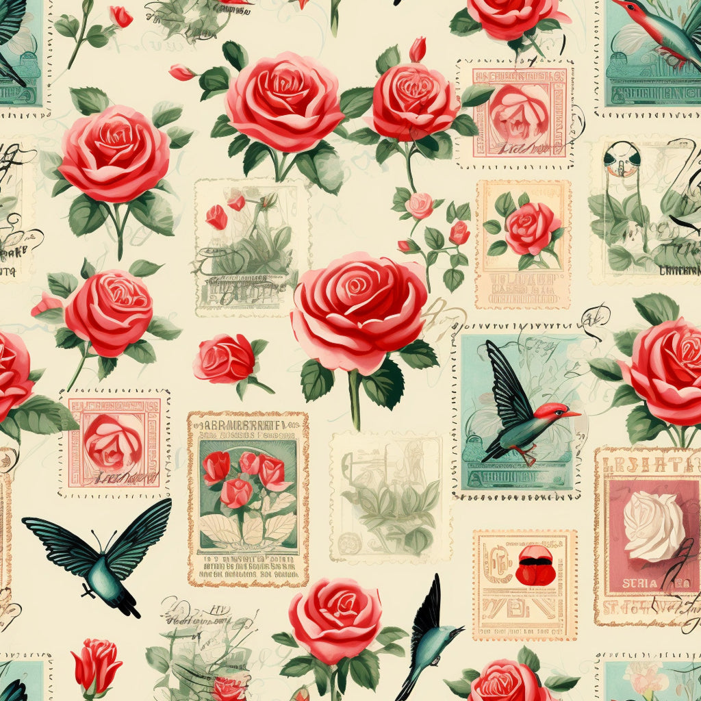 vintage stamps, red roses, coral pink, cream background, hummingbirds, postal theme, floral motifs,, fabric panel, romantic pattern, botanical design, nostalgic style, stamp collection, bird illustrations, rose blooms, green leaves, retro aesthetic, cottage core, nature elements, soft pastels