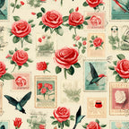 vintage stamps, red roses, coral pink, cream background, hummingbirds, postal theme, floral motifs,, fabric panel, romantic pattern, botanical design, nostalgic style, stamp collection, bird illustrations, rose blooms, green leaves, retro aesthetic, cottage core, nature elements, soft pastels