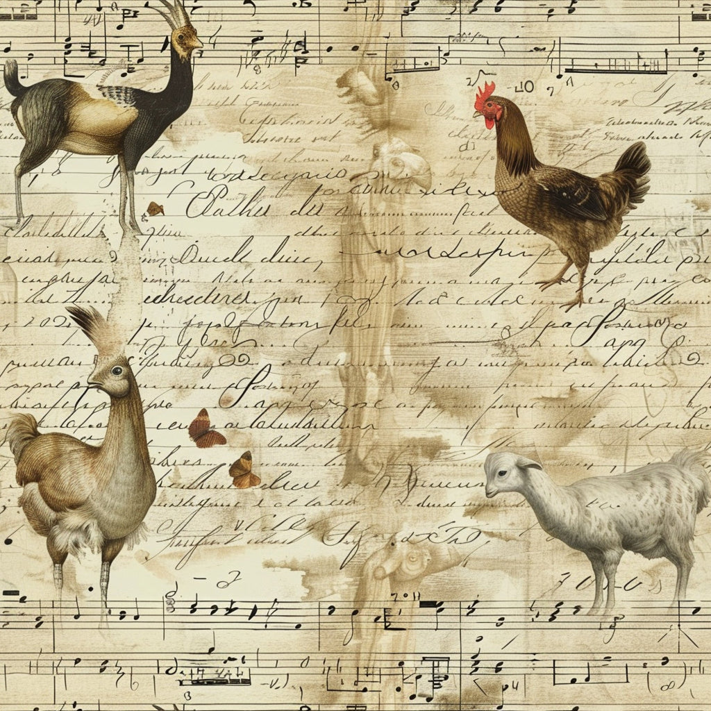 farm animals, roosters, chickens, ducks, geese, musical notes, sheet music, vintage script, handwriting, sepia tones, cream background, brown ink, antique style, pastoral theme,, fabric panel, poultry birds, aged paper, calligraphy text, rustic charm, farmyard scene