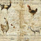 farm animals, roosters, chickens, ducks, geese, musical notes, sheet music, vintage script, handwriting, sepia tones, cream background, brown ink, antique style, pastoral theme,, fabric panel, poultry birds, aged paper, calligraphy text, rustic charm, farmyard scene