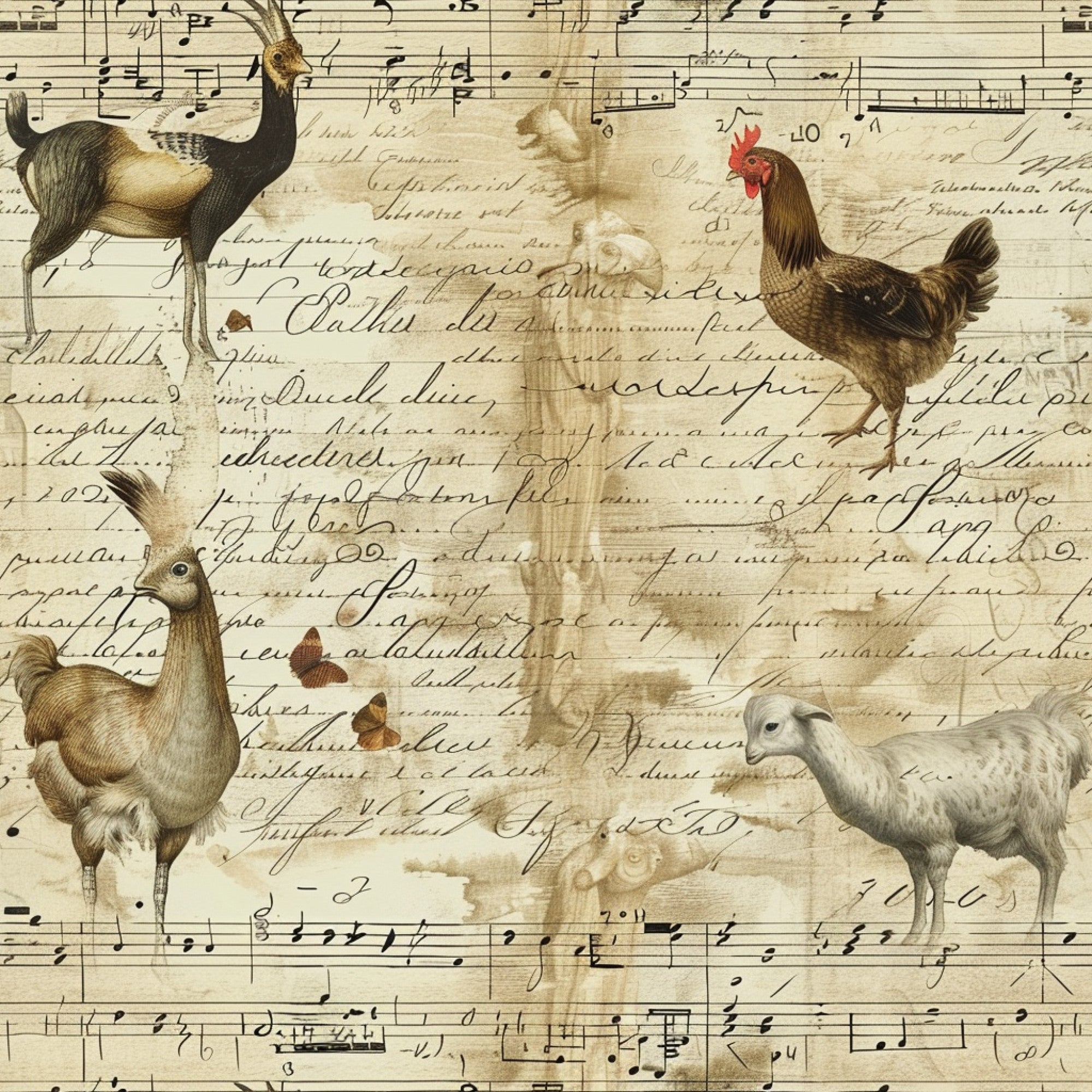 farm animals, roosters, chickens, ducks, geese, musical notes, sheet music, vintage script, handwriting, sepia tones, cream background, brown ink, antique style, pastoral theme,, fabric panel, poultry birds, aged paper, calligraphy text, rustic charm, farmyard scene