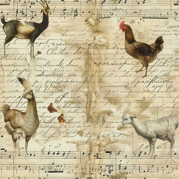 farm animals, roosters, chickens, ducks, geese, musical notes, sheet music, vintage script, handwriting, sepia tones, cream background, brown ink, antique style, pastoral theme,, fabric panel, poultry birds, aged paper, calligraphy text, rustic charm, farmyard scene