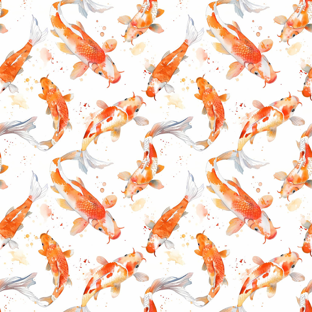 watercolor fish, koi fish, orange fish, coral colors, peach tones, gray fins, swimming fish, aquatic pattern, seamless repeat, watercolor splashes, asian inspired, pond fish, flowing fins, soft pastels,, fabric panel, serene mood, nature design, fish scales, graceful movement