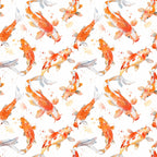 watercolor fish, koi fish, orange fish, coral colors, peach tones, gray fins, swimming fish, aquatic pattern, seamless repeat, watercolor splashes, asian inspired, pond fish, flowing fins, soft pastels,, fabric panel, serene mood, nature design, fish scales, graceful movement