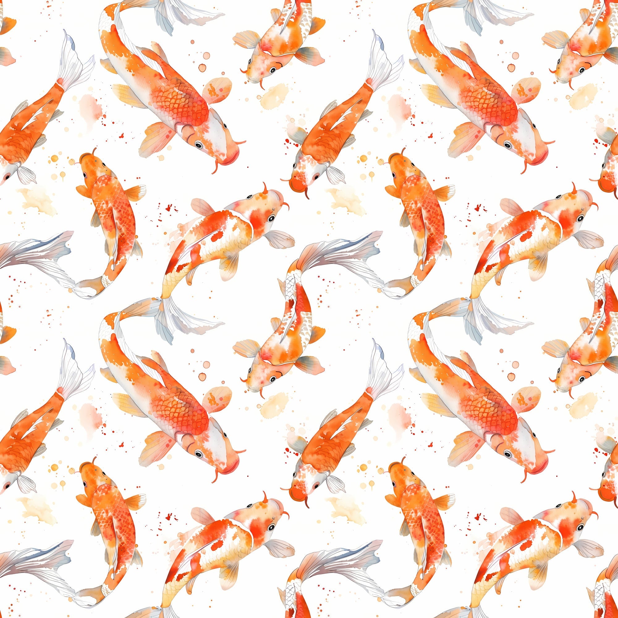 watercolor fish, koi fish, orange fish, coral colors, peach tones, gray fins, swimming fish, aquatic pattern, seamless repeat, watercolor splashes, asian inspired, pond fish, flowing fins, soft pastels,, fabric panel, serene mood, nature design, fish scales, graceful movement