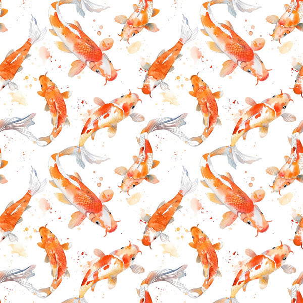 watercolor fish, koi fish, orange fish, coral colors, peach tones, gray fins, swimming fish, aquatic pattern, seamless repeat, watercolor splashes, asian inspired, pond fish, flowing fins, soft pastels,, fabric panel, serene mood, nature design, fish scales, graceful movement