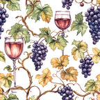burgundy, deep purple, golden yellow, sage green, wine glasses, grape clusters, vineyard vines, grape leaves, autumn foliage, watercolor style, botanical pattern, wine theme,, fabric panel, seasonal colors, harvest motif, repeating pattern, nature elements, fall colors, viticulture design