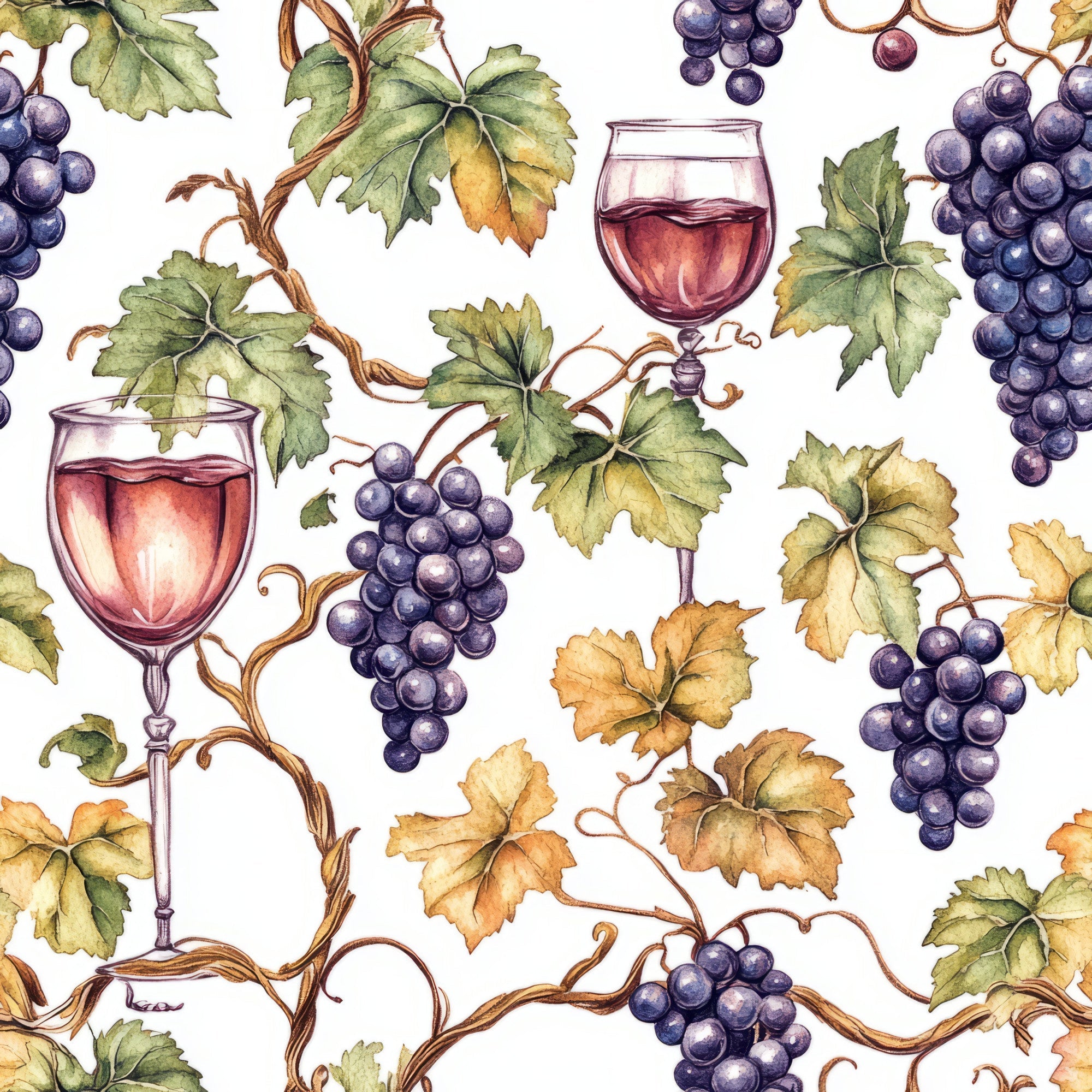 burgundy, deep purple, golden yellow, sage green, wine glasses, grape clusters, vineyard vines, grape leaves, autumn foliage, watercolor style, botanical pattern, wine theme,, fabric panel, seasonal colors, harvest motif, repeating pattern, nature elements, fall colors, viticulture design