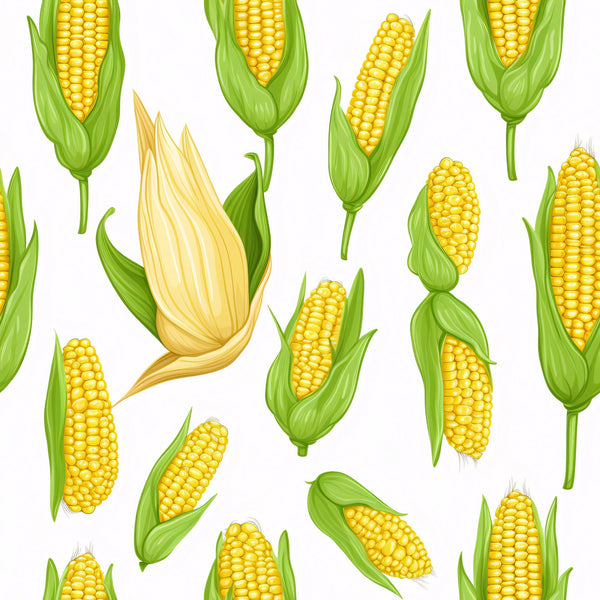 golden yellow, bright green, corn cobs, corn husks, vegetable pattern, farm produce, harvest theme, repeating pattern, botanical illustration, summer vegetables,, fabric panel, agricultural motif, kernels, husks, white background, scattered design, realistic style, food illustration, garden vegetables