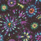 tie dye, retro pattern, purple, turquoise, orange, yellow, magenta, black background, spiral design, starburst pattern, psychedelic, vibrant colors, radiating circles, groovy style, 1960s inspired,, fabric panel, bohemian, rainbow colors, burst motifs