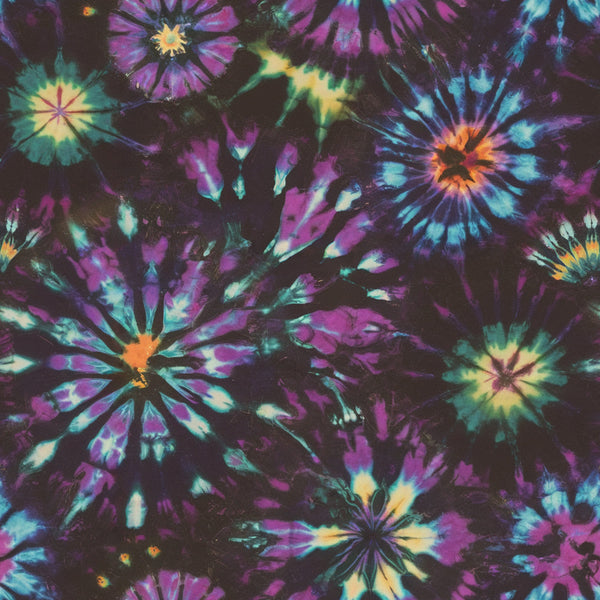 tie dye, retro pattern, purple, turquoise, orange, yellow, magenta, black background, spiral design, starburst pattern, psychedelic, vibrant colors, radiating circles, groovy style, 1960s inspired,, fabric panel, bohemian, rainbow colors, burst motifs