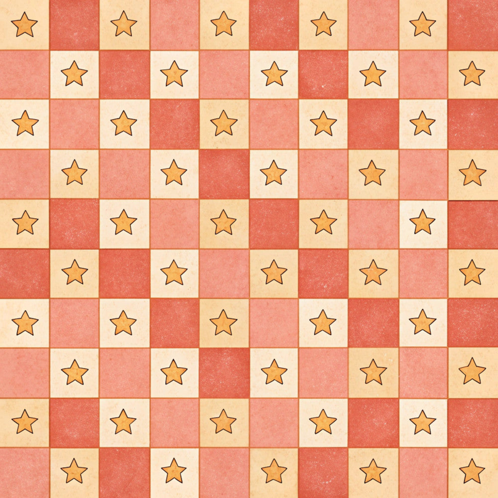 coral pink, cream, tan, beige, rust red, terracotta, checkered, checkerboard, stars, geometric, celestial, whimsical, playful, modern, casual, kids room, nursery, baby, toddler, children's, gender neutral, fun, bright, cheerful, simple pattern, repeating pattern, classic, timeless
