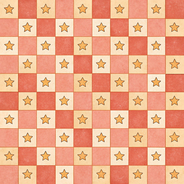 coral pink, cream, tan, beige, rust red, terracotta, checkered, checkerboard, stars, geometric, celestial, whimsical, playful, modern, casual, kids room, nursery, baby, toddler, children's, gender neutral, fun, bright, cheerful, simple pattern, repeating pattern, classic, timeless