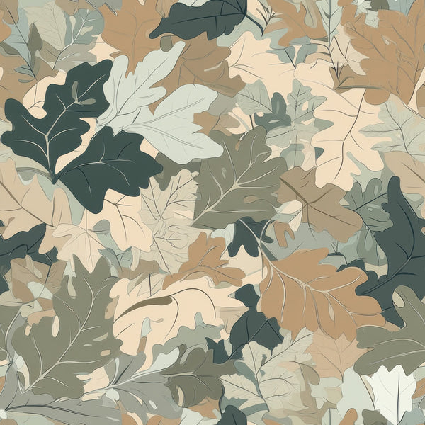 realistic camouflage, hunting camo, autumn leaves, oak leaves, forest pattern, earth tones, beige, tan, olive green, sage green, brown, cream, leaf silhouettes, woodland design, outdoor theme,, fabric panel, nature motif, fall foliage, layered leaves