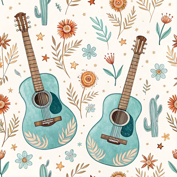turquoise, teal, rust orange, tan, cream, acoustic guitar, musical instruments, flowers, sunflowers, daisies, cacti, botanical, stars, whimsical, bohemian, rustic, nature, boho, folk art, vintage, nursery, kids room, playroom, southwestern, wildflowers, indie, artistic, decorative, celestial elements