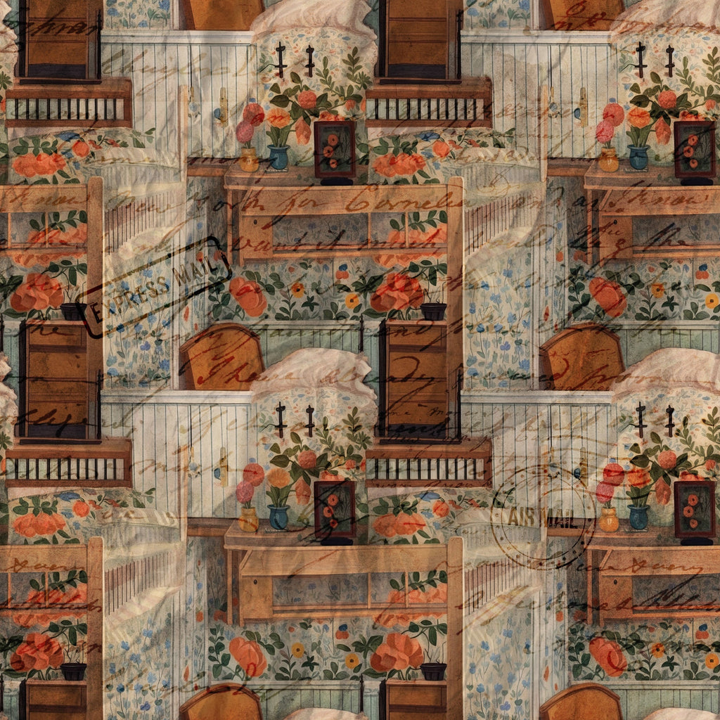 cottagecore, scrapbook pattern,, fabric panel, floral motifs, orange roses, pink flowers, wooden furniture, vintage bedroom, cozy interior, rustic wood grain, floral wallpaper, cottage style, warm earth tones, sage green, coral pink, amber brown, ivory cream, romantic florals, nostalgic charm