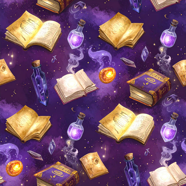 deep purple, gold, amber, celestial, mystical, magical, fantasy, wizard, witchcraft, spellbook, potion bottles, enchanted, stars, moon, glowing orbs, magical books, dark academia, whimsical, ethereal, mystical theme, spell bottles, ancient tomes, magical objects, purple and gold, shimmering, glitter effect, fantasy adventure, magical library, enchantment, wizard theme