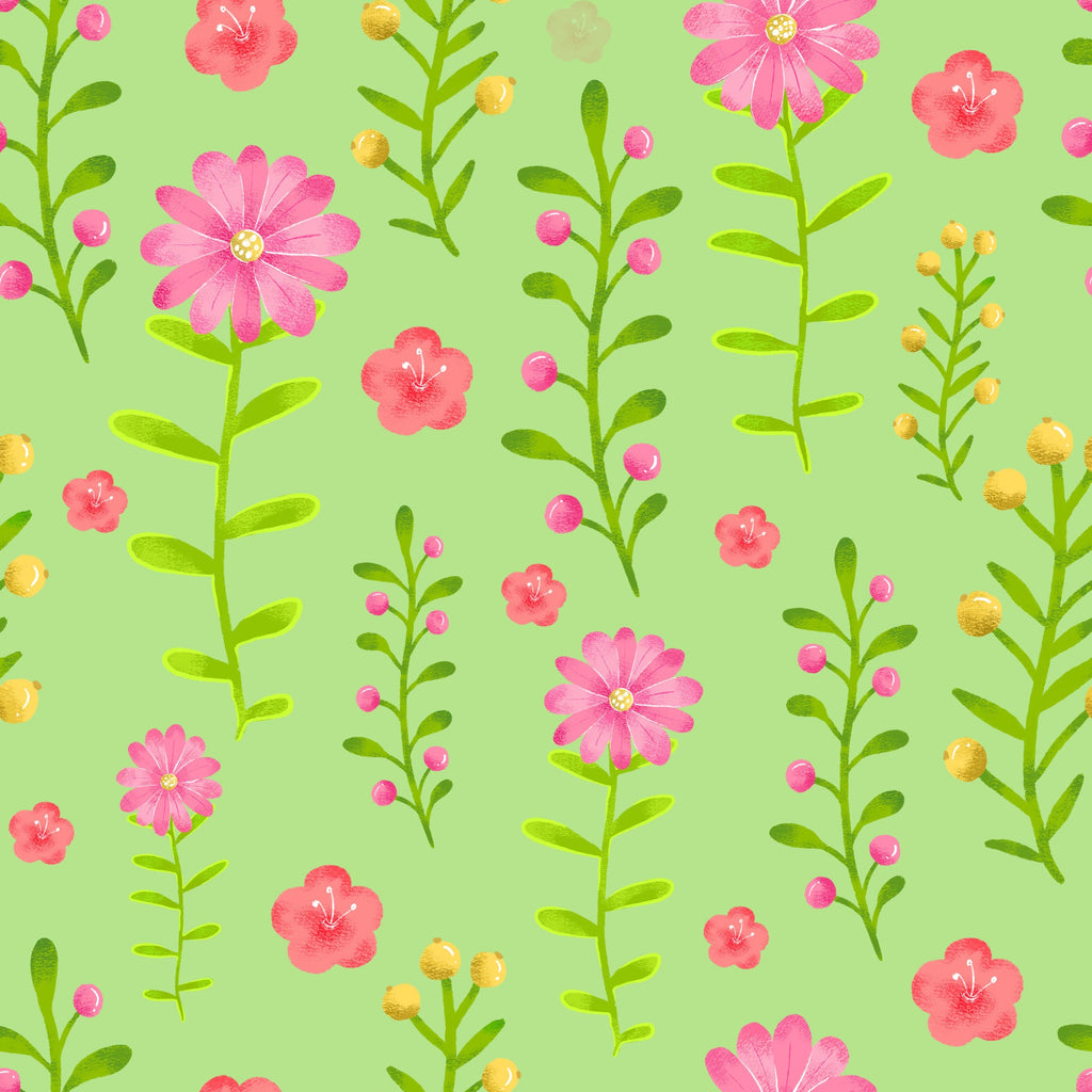 pink flowers, coral blooms, yellow buds, lime green background, mint green, floral pattern, hand drawn style, botanical design, wildflowers, daisy-like blooms, stems and leaves,, fabric panel, spring theme, cheerful mood, watercolor style, repeating pattern, garden flowers, feminine design, crafting material