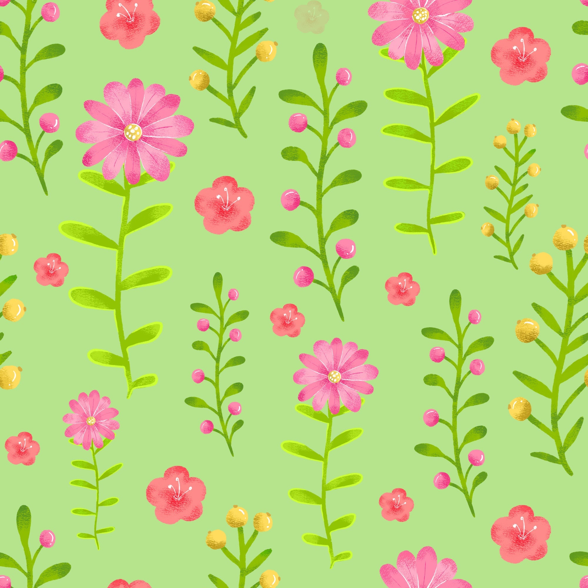 pink flowers, coral blooms, yellow buds, lime green background, mint green, floral pattern, hand drawn style, botanical design, wildflowers, daisy-like blooms, stems and leaves,, fabric panel, spring theme, cheerful mood, watercolor style, repeating pattern, garden flowers, feminine design, crafting material