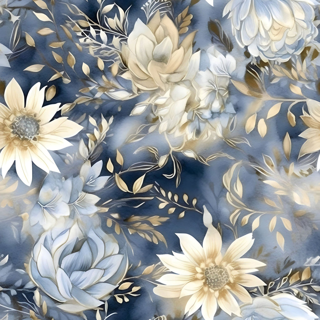 navy blue, dusty blue, cream, ivory, gold, beige, floral pattern, roses, daisies, sunflowers, botanical design, layered flowers, leaves, branches, watercolor style, soft blending, romantic mood,, fabric panel, seamless repeat